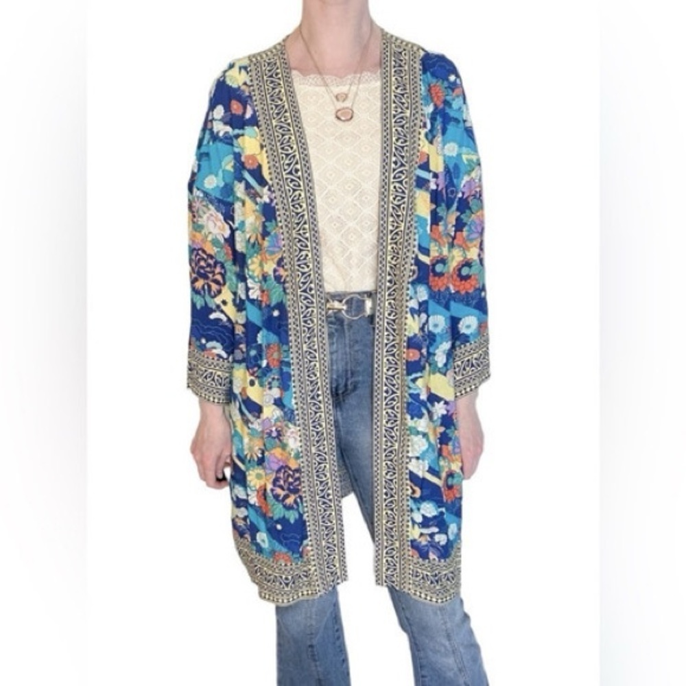Soft Surroundings Open Front Kimono Cardigan Womens L/XL Blue Floral Artsy Boho